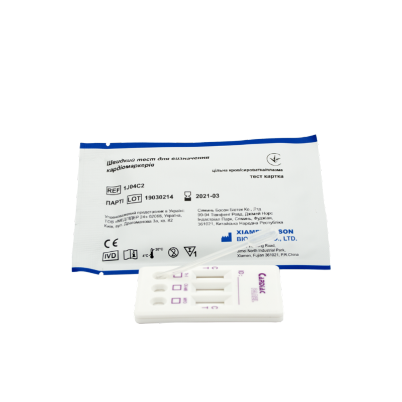 Швидкий тест на визначення кардіомаркерів, тест картка(цільна кров/сироватка/плазма): 1J04C2, Xiamen Boson Biotech Co., Ltd.